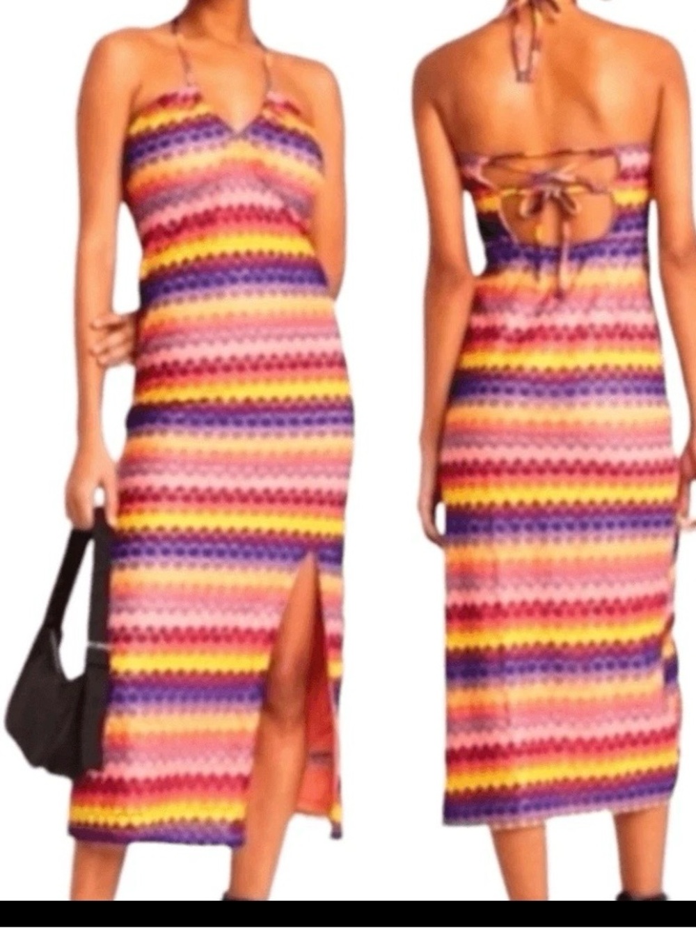 wild fable Multicolor Striped Backless Halter Midi Dress with Front Slit